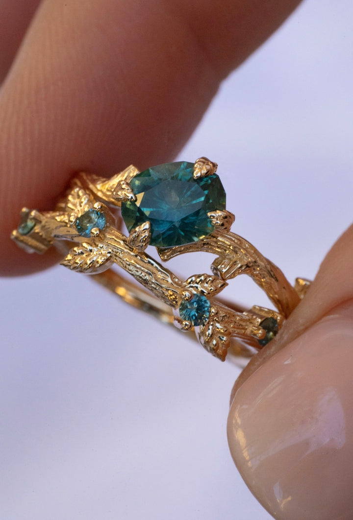 Nature Inspired Montana Sapphire Leaf Engagement Ring Set 14K Gold