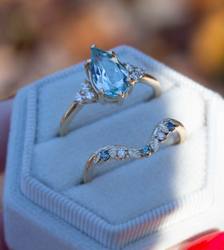 Aquamarine Engagement Ring w/ Leaf Wedding Band 14K Rose Gold