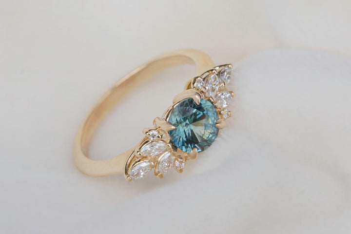Round Teal Sapphire and Marquise Diamond Engagement Ring Nature Inspired Floral Design 14K Yellow Gold