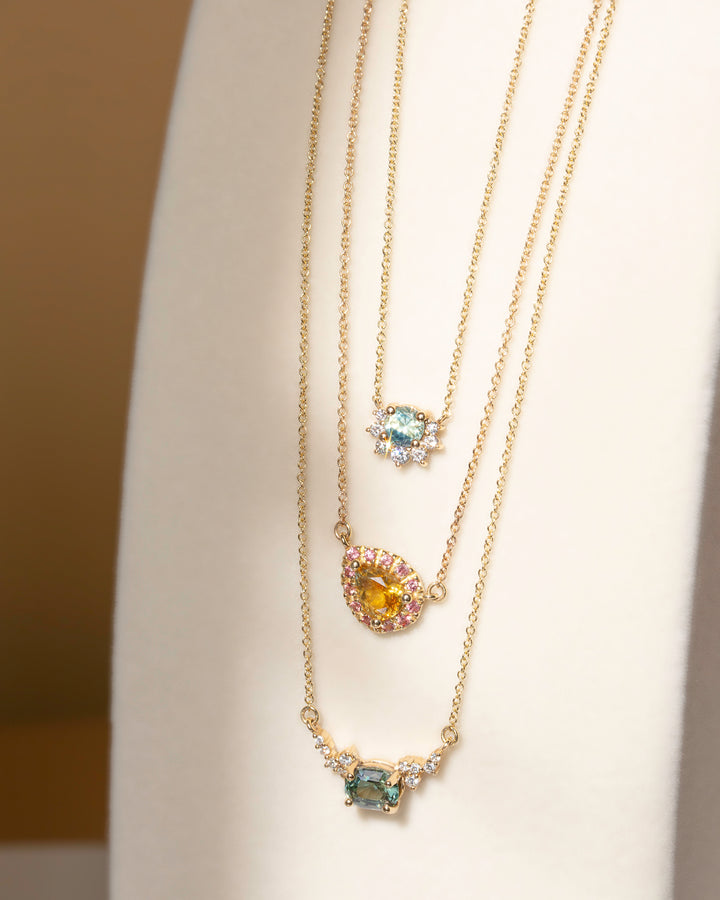 Orange Pear Shaped Montana And Padparadscha Sapphire Necklace Pendant 14K Gold