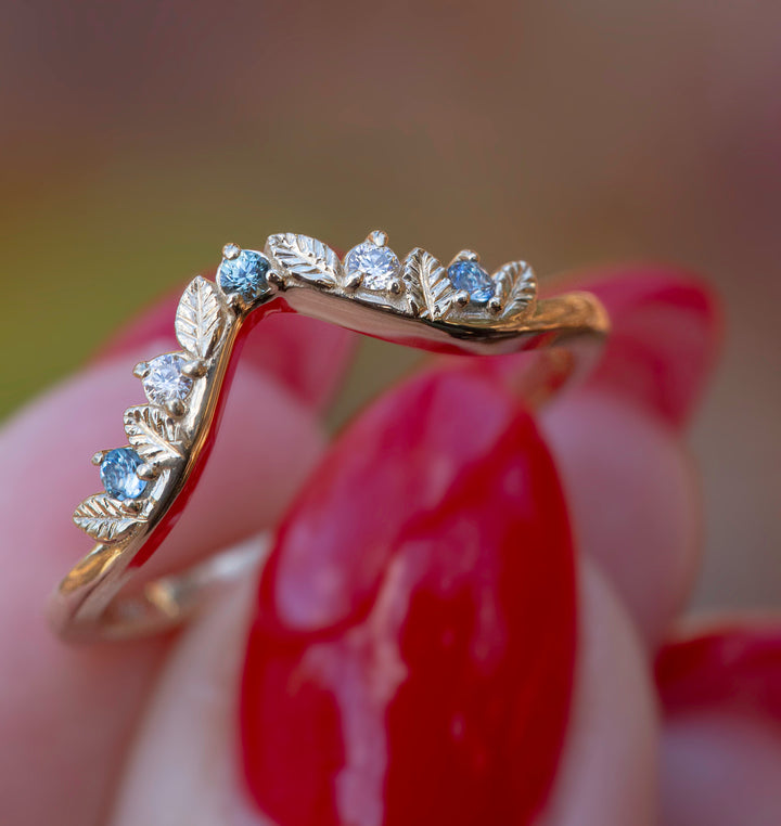 Aquamarine Engagement Ring w/ Leaf Wedding Band 14K Rose Gold