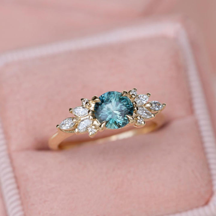 Round Teal Sapphire and Marquise Diamond Engagement Ring Nature Inspired Floral Design 14K Yellow Gold