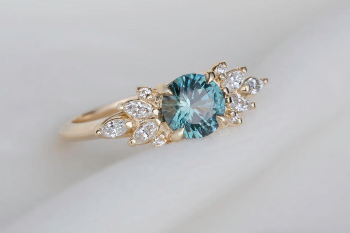 Round Teal Sapphire and Marquise Diamond Engagement Ring Nature Inspired Floral Design 14K Yellow Gold