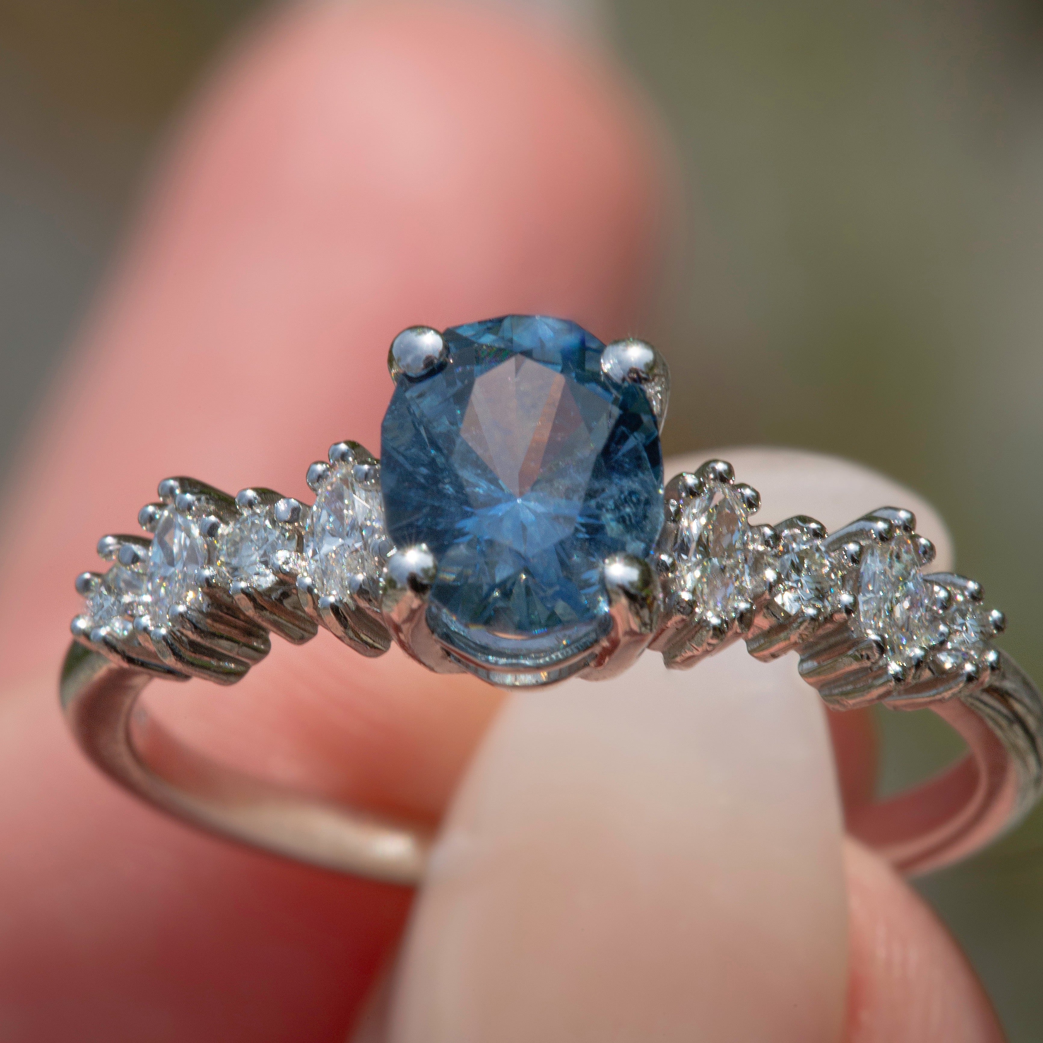 Aqua Blue Montana Sapphire and Diamond Engagement Ring 14K Gold