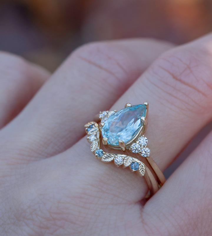 Aquamarine Engagement Ring w/ Leaf Wedding Band 14K Rose Gold