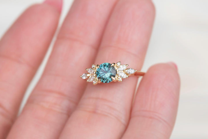 Round Teal Sapphire and Marquise Diamond Engagement Ring Nature Inspired Floral Design 14K Yellow Gold