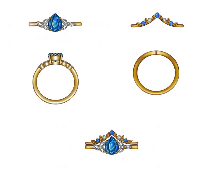 Custom Order Nature Inspired Engagement Ring Set w/ 0,97ct Montana sapphire and Diamonds 14K Gold