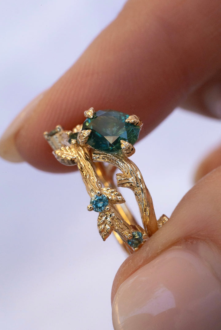 Nature Inspired Montana Sapphire Leaf Engagement Ring Set 14K Gold