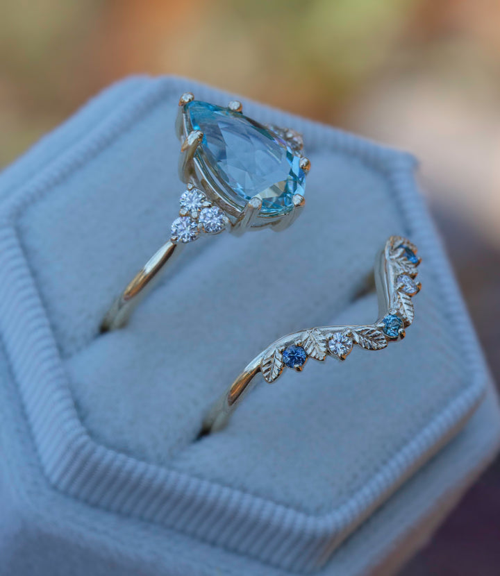 Aquamarine Engagement Ring w/ Leaf Wedding Band 14K Rose Gold