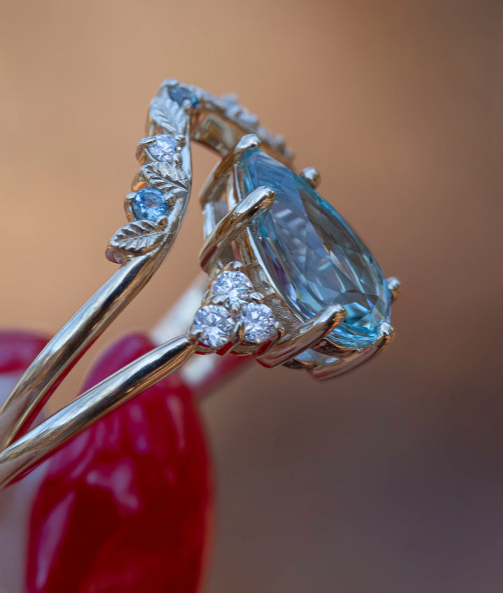 Aquamarine Engagement Ring w/ Leaf Wedding Band 14K Rose Gold