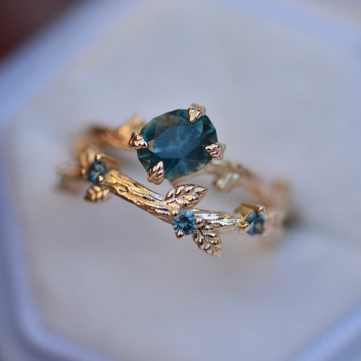 Nature Inspired Montana Sapphire Leaf Engagement Ring Set 14K Gold