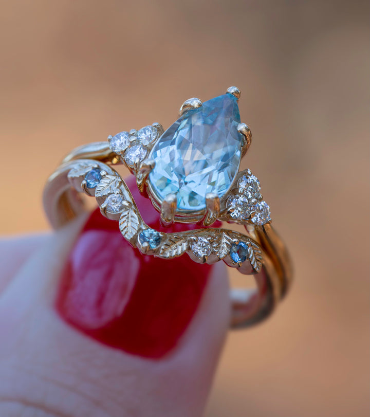 Aquamarine Engagement Ring w/ Leaf Wedding Band 14K Rose Gold