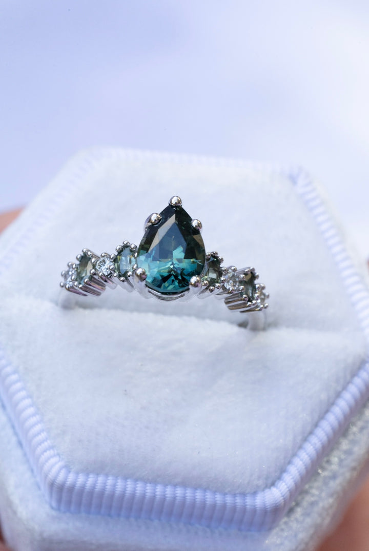 Blue Green Sapphire and Diamond Unique Engagement Ring 14K Gold