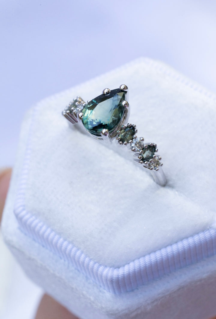 Blue Green Sapphire and Diamond Unique Engagement Ring 14K Gold