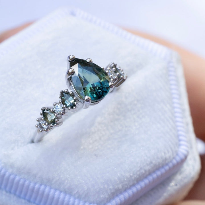 Blue Green Sapphire and Diamond Unique Engagement Ring 14K Gold