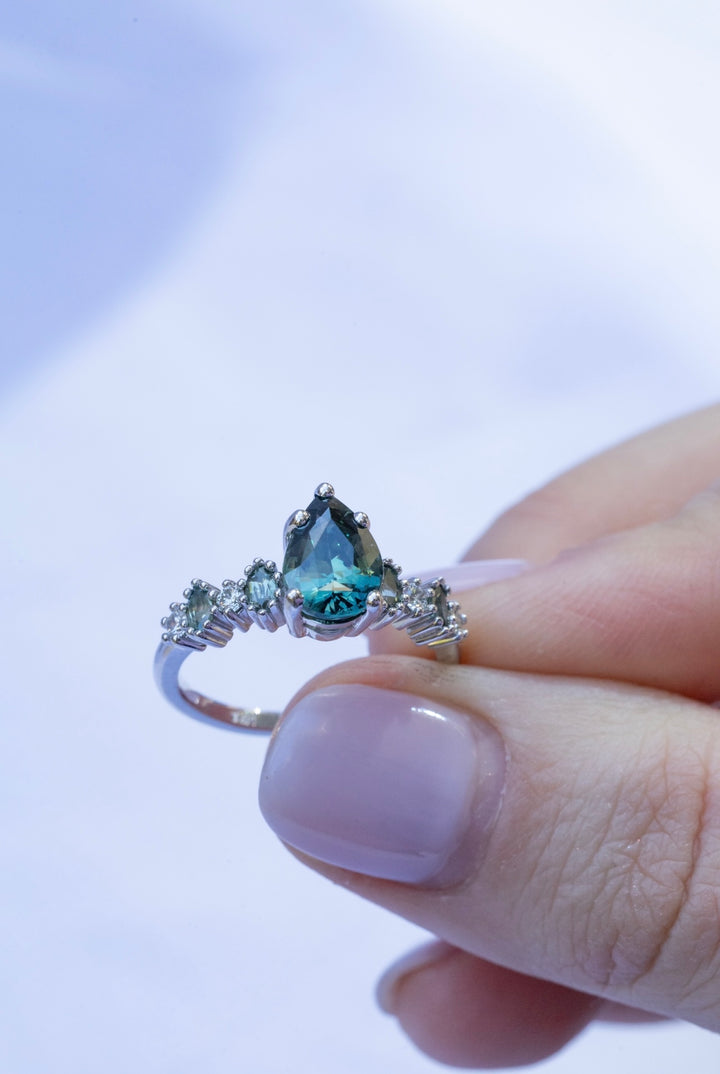 Blue Green Sapphire and Diamond Unique Engagement Ring 14K Gold