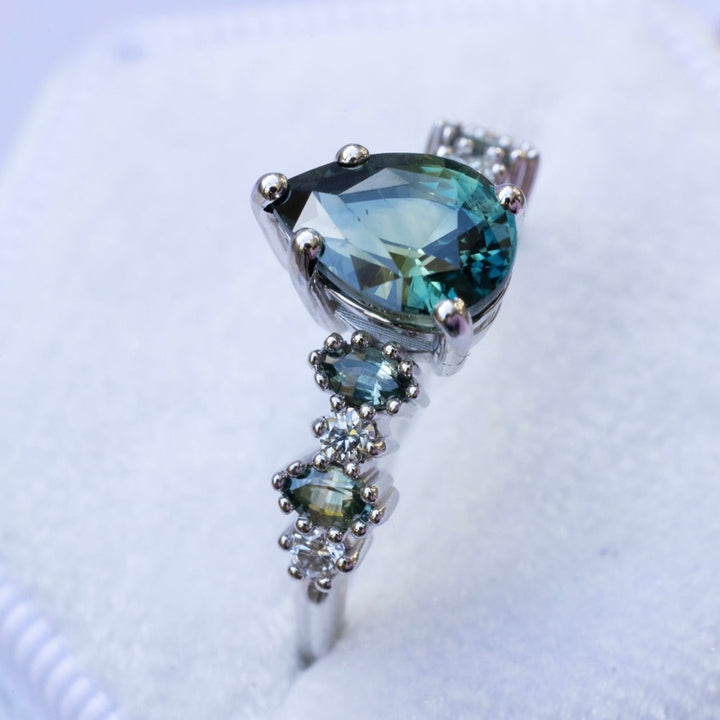Blue Green Sapphire and Diamond Unique Engagement Ring 14K Gold