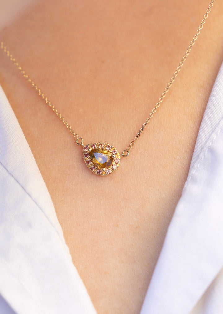 Orange Pear Shaped Montana And Padparadscha Sapphire Necklace Pendant 14K Gold