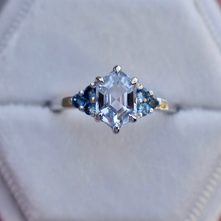 White Sapphire Hexagon Ring w/ Blue Montana Sapphires,White Sapphire Engagement Ring, 14K Rose Gold