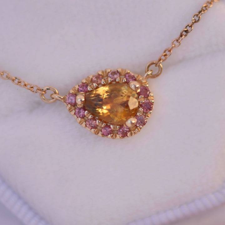 Orange Pear Shaped Montana And Padparadscha Sapphire Necklace Pendant 14K Gold