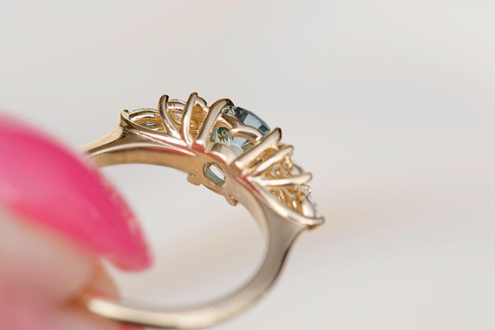 Round Teal Sapphire and Marquise Diamond Engagement Ring Nature Inspired Floral Design 14K Yellow Gold