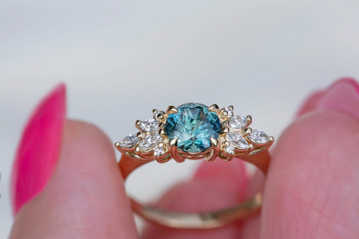 Round Teal Sapphire and Marquise Diamond Engagement Ring Nature Inspired Floral Design 14K Yellow Gold