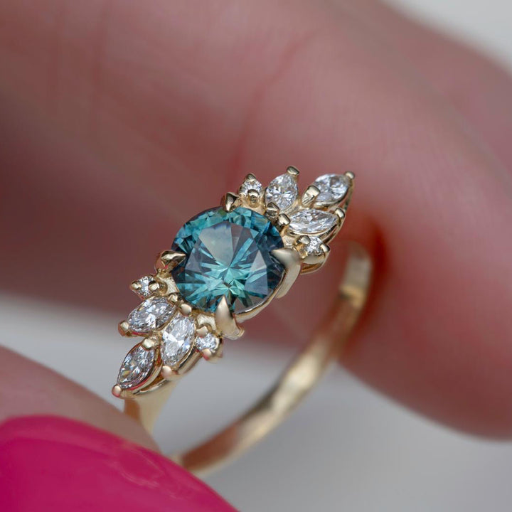 Round Teal Sapphire and Marquise Diamond Engagement Ring Nature Inspired Floral Design 14K Yellow Gold