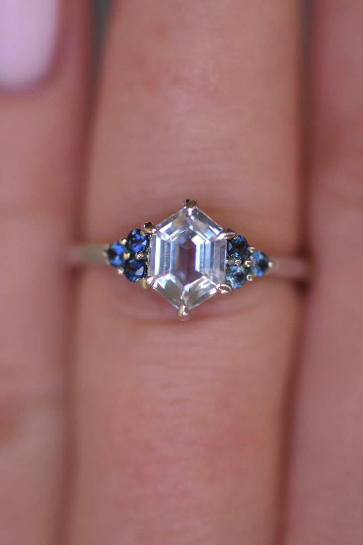 White Sapphire Hexagon Ring w/ Blue Montana Sapphires,White Sapphire Engagement Ring, 14K Rose Gold
