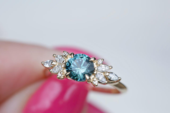 Round Teal Sapphire and Marquise Diamond Engagement Ring Nature Inspired Floral Design 14K Yellow Gold