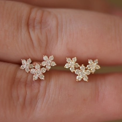 Diamond Flower Stud Earrings 14K Gold
