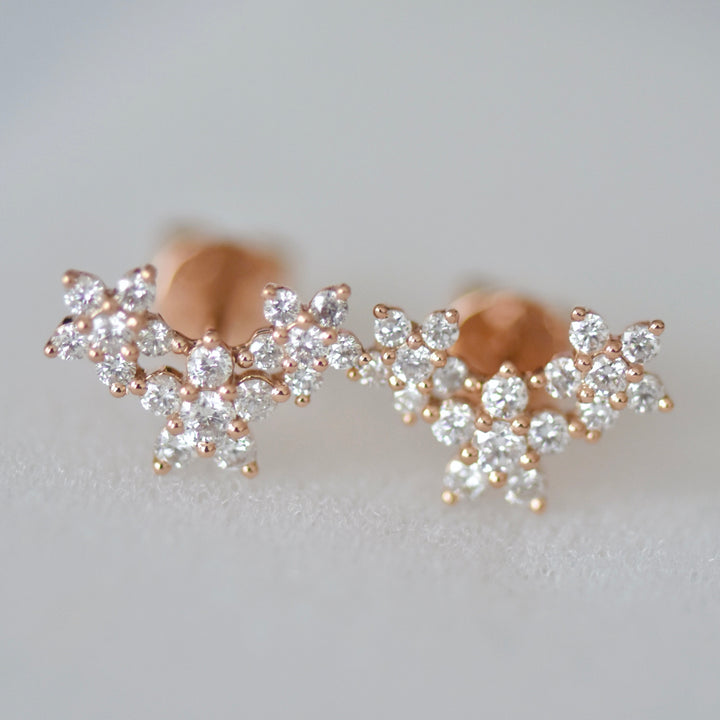 Diamond Flower Stud Earrings 14K Gold