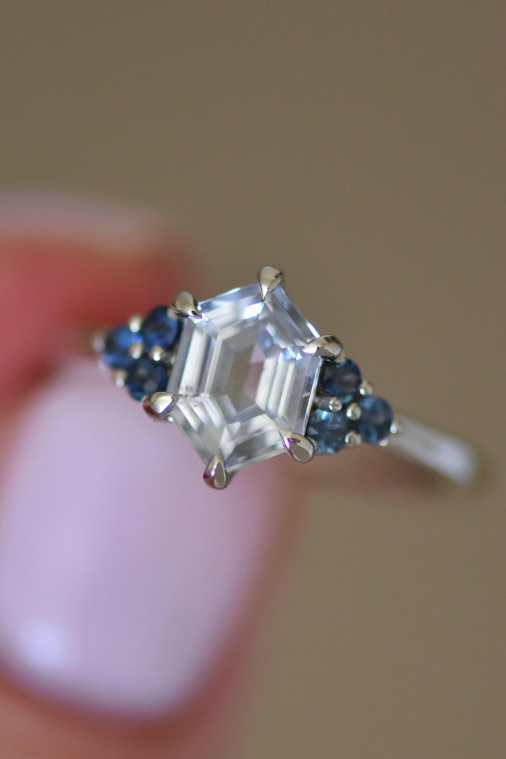 White Sapphire Hexagon Ring w/ Blue Montana Sapphires,White Sapphire Engagement Ring, 14K Rose Gold