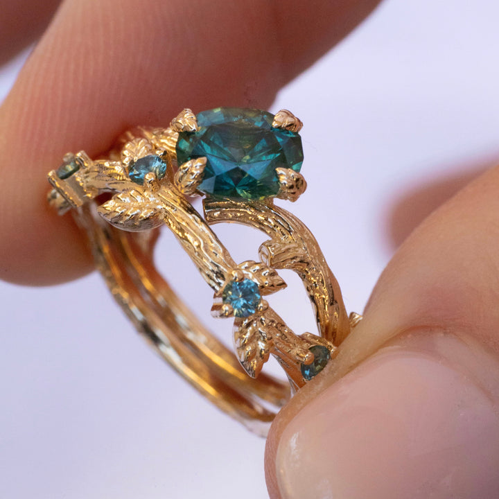 Nature Inspired Montana Sapphire Leaf Engagement Ring Set 14K Gold
