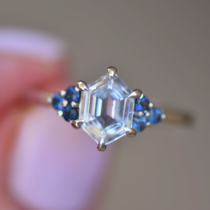 White Sapphire Hexagon Ring w/ Blue Montana Sapphires,White Sapphire Engagement Ring, 14K Rose Gold
