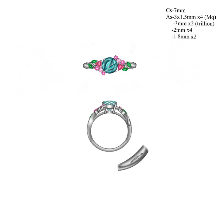 Teal Sapphire Cluster Ring Details 14K White Gold