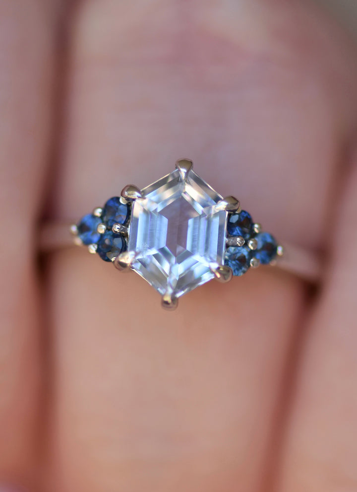 White Sapphire Hexagon Ring w/ Blue Montana Sapphires,White Sapphire Engagement Ring, 14K Rose Gold