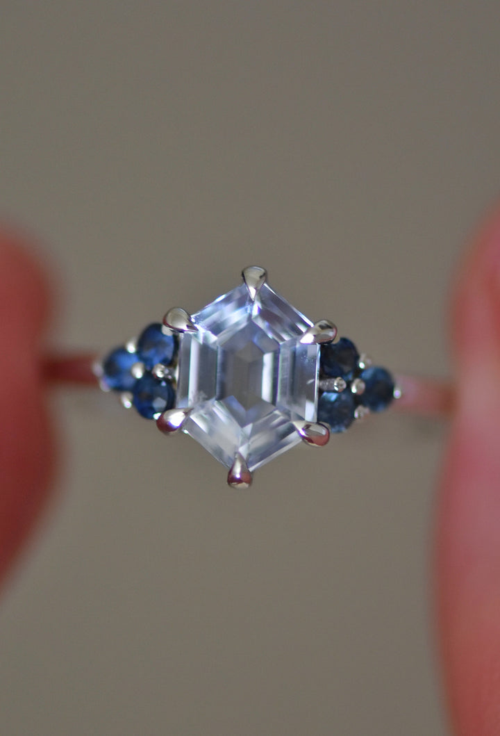 White Sapphire Hexagon Ring w/ Blue Montana Sapphires,White Sapphire Engagement Ring, 14K Rose Gold