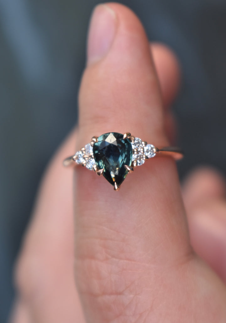 Teal Sapphire Engagement Ring Pear Shape 14K Rose Gold