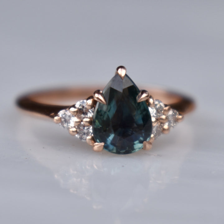 Teal Sapphire Engagement Ring Pear Shape 14K Rose Gold