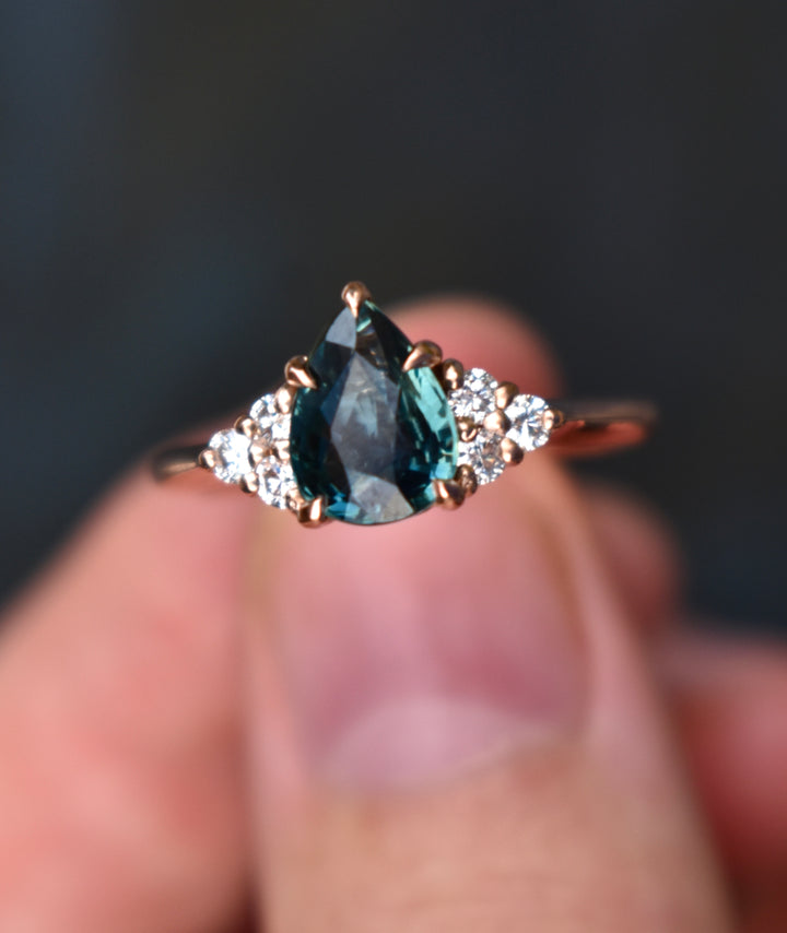 Teal Sapphire Engagement Ring Pear Shape 14K Rose Gold