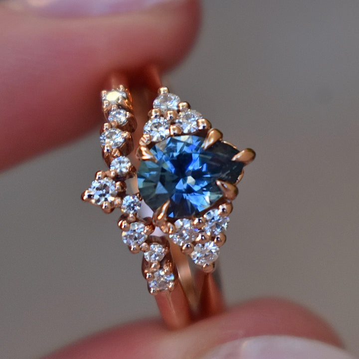 Teal Blue Pear Sapphire and Diamond Engagement Ring Set 14K Gold