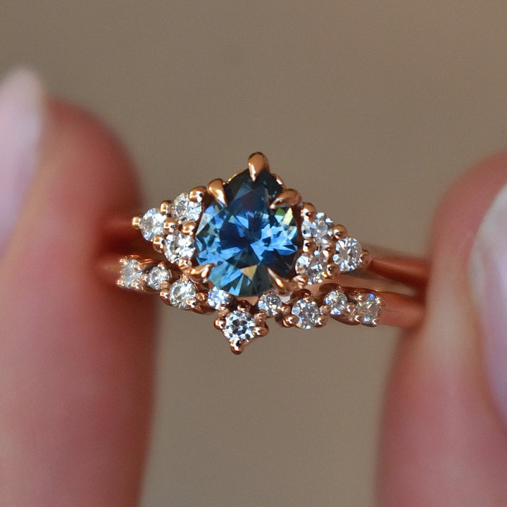 Teal Blue Pear Sapphire and Diamond Engagement Ring Set 14K Gold