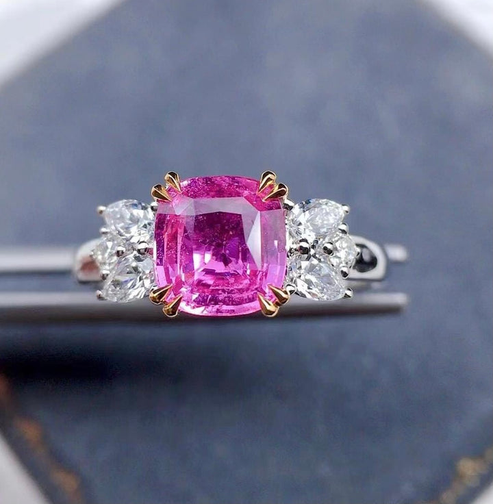 Cushion Shape Pink Sapphire Engagement Ring with Diamonds 14K Gold