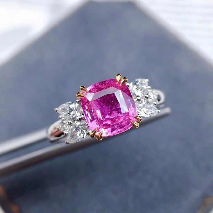 Cushion Shape Pink Sapphire Engagement Ring with Diamonds 14K Gold