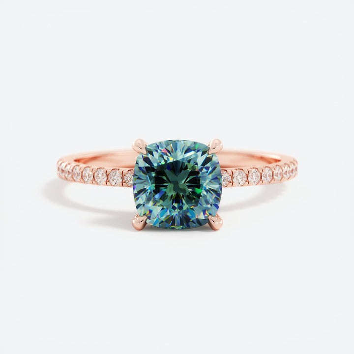 Cushion Shape Teal Sapphire and Hidden Halo Diamond Ring 14K Gold