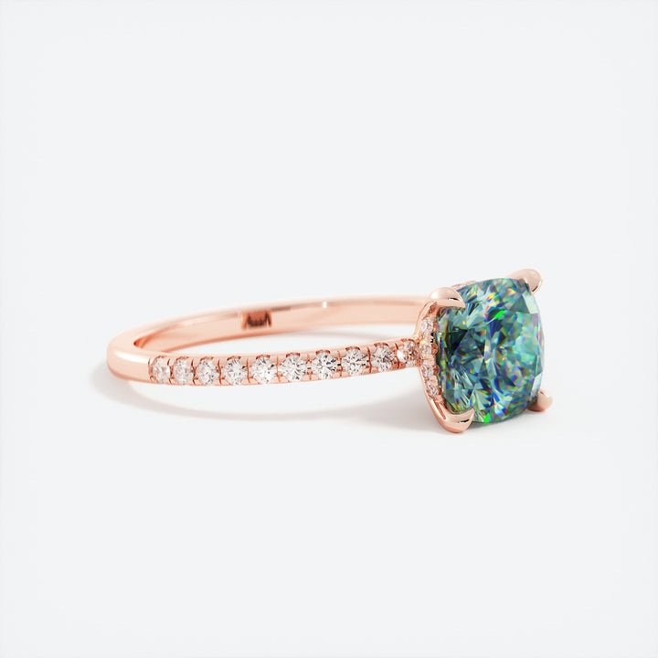 Cushion Shape Teal Sapphire and Hidden Halo Diamond Ring 14K Gold
