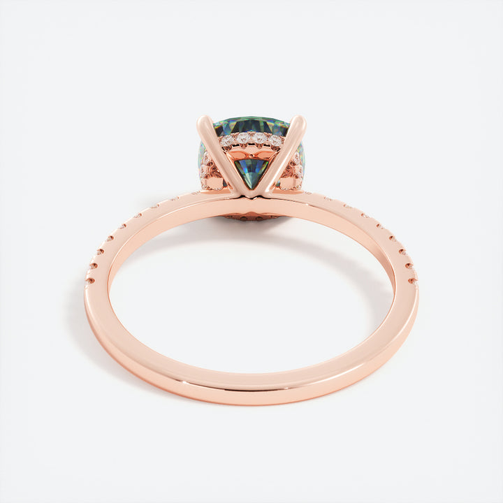 Cushion Shape Teal Sapphire and Hidden Halo Diamond Ring 14K Gold