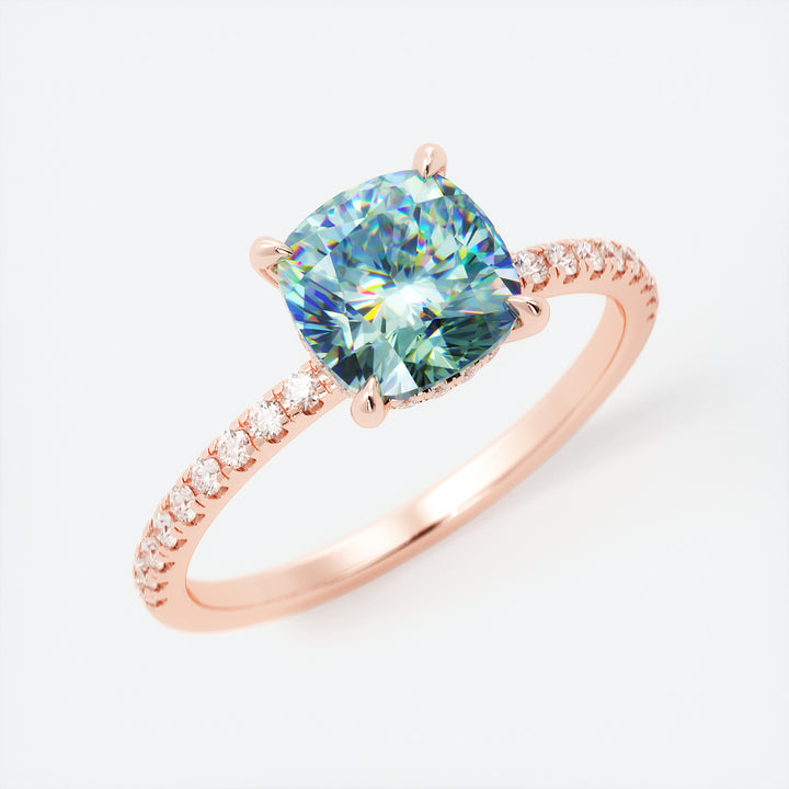 Cushion Shape Teal Sapphire and Hidden Halo Diamond Ring 14K Gold
