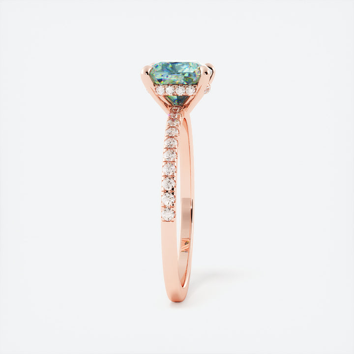 Cushion Shape Teal Sapphire and Hidden Halo Diamond Ring 14K Gold