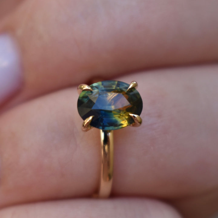 Parti Sapphire Solitaire Engagement Ring 14K Gold, Bi Color Oval Sapphire Ring 14K Gold